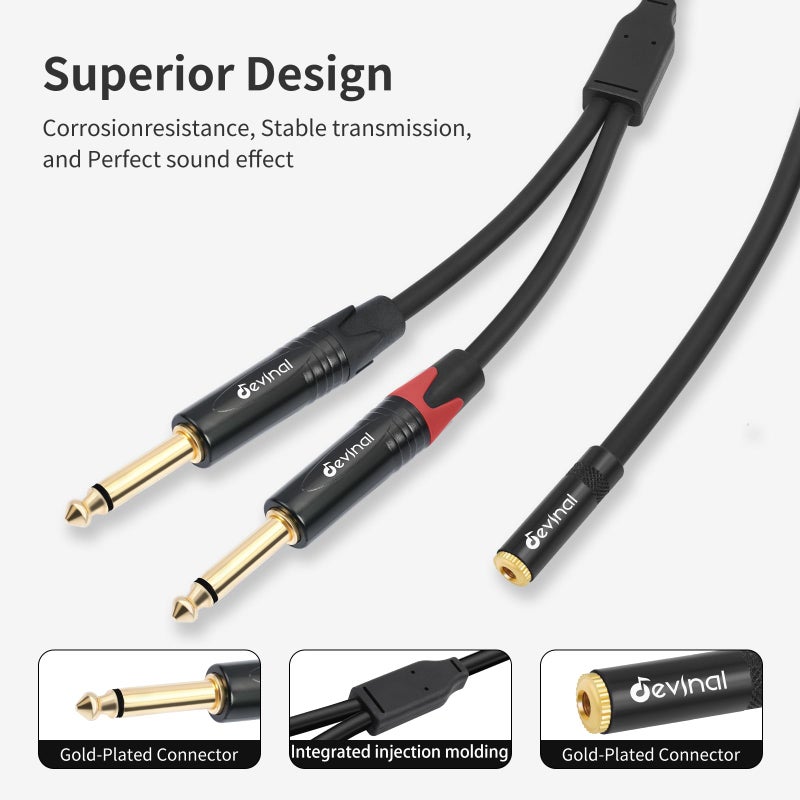 Devinal 3.5mm to Dual 1/4 Y Splitter Cable, 1/8" Female TRS to Dual 6.35mm TS Male Adapter, Female Mini Jack Stereo to 2 Quarter inch Mono Converter 1 feet - Image 2
